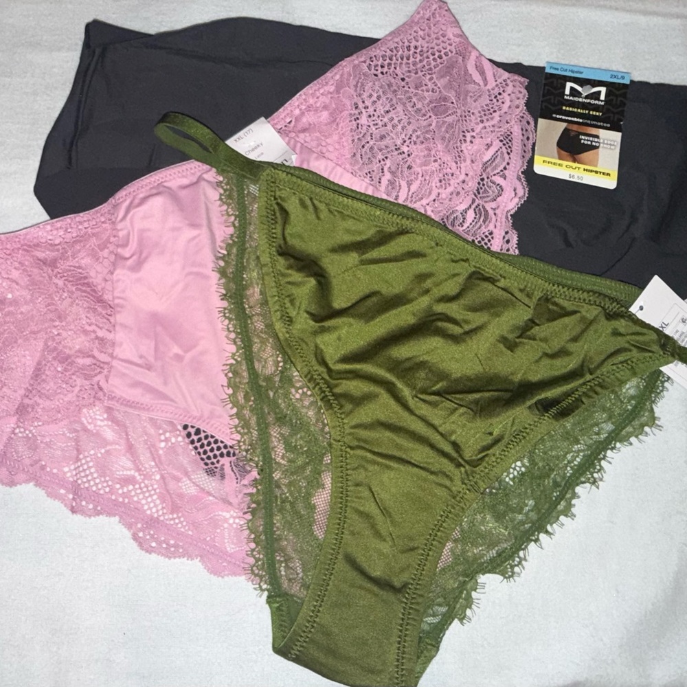 Size XXL Women's Lace Trim Panties Set of 3 Pink, Green, & Black Sexy Lingerie